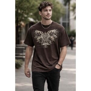ON THE LOW Mens L Large Brown Short Sleeve Graphic T-Shirt Eagle Darkness Print